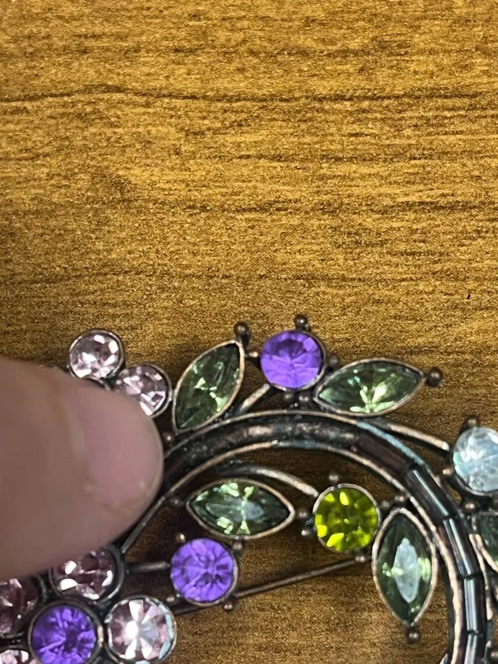 Vintage MCM Rhinestone Floral Wreath Brooch Purple Green Pink Pot Metal